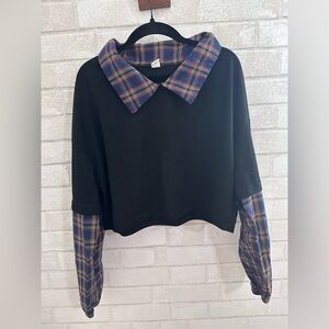 Plaid Collar Preppy Punk Grunge oversized Womens long sleeve crop Top M #1905
